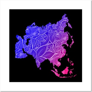 Colorful mandala art map of Asia with text in blue and violet Posters and Art